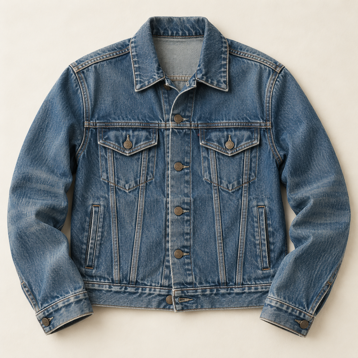 Vintage blue denim jacket laid flat